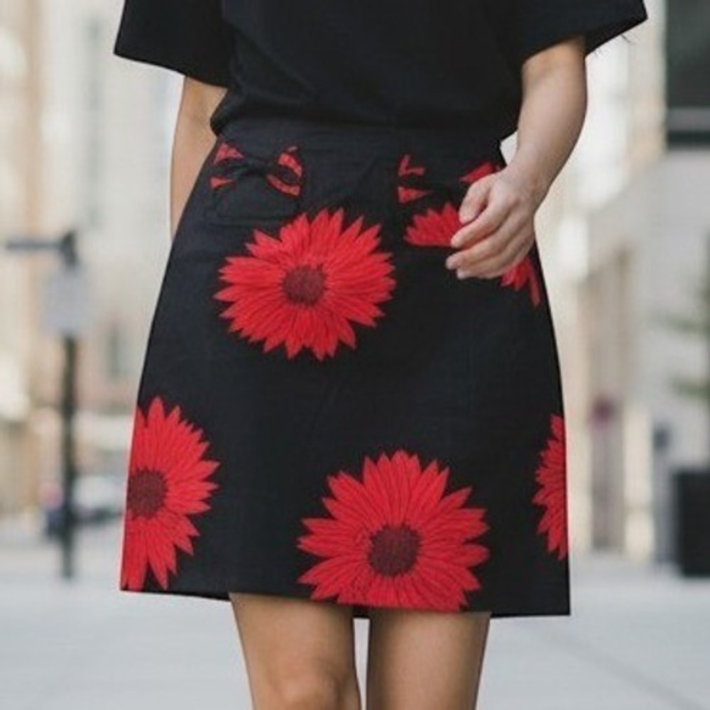 Grace Dane Lewis Workshop A-Line Skirt 8 Black Red Sunflower Bow Pocket 821695
